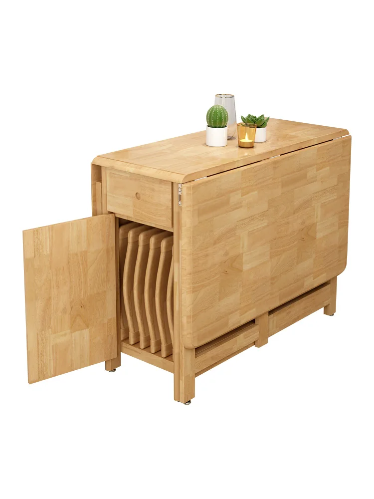 

Wood Color Foldable Solid Wood Dining Table and Chair Retractable Rectangular Folding Rice Table