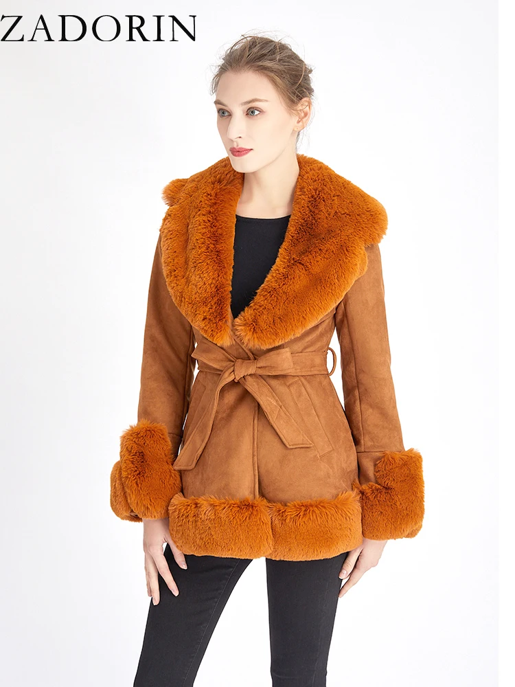 ZADORIN Winter Jacket Women 2022 Big Fur Collar Suede Faux Fur Coat With Belt Thick Warm Fur Lining Cardigan Women Coat Fur Tops
