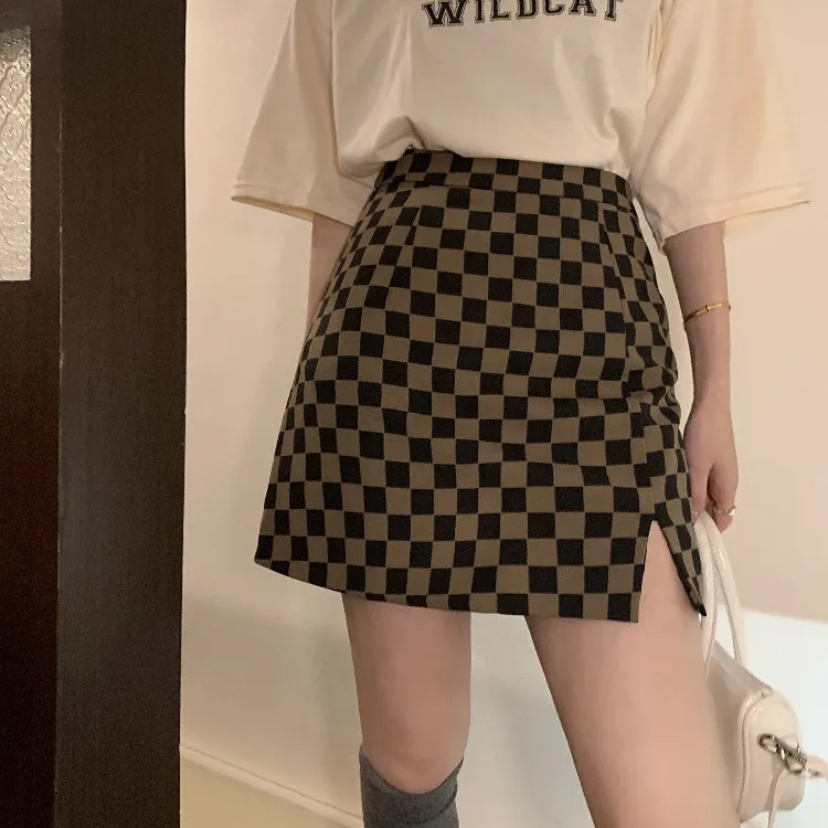 

Split Korean Plaid Summer Mini Skirts Women Plus Size Vintage Harajuku Pencil Skirt A-Line Vintage Shorts Skirt Streetwear Club