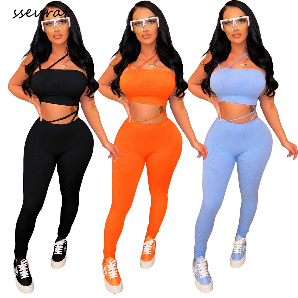 

SSEURAT Knit Ribbed Women Two Piece Set Outfits Sweatsuit 2022 Summer Crop Top and Legging Pants Matching Tracksuit