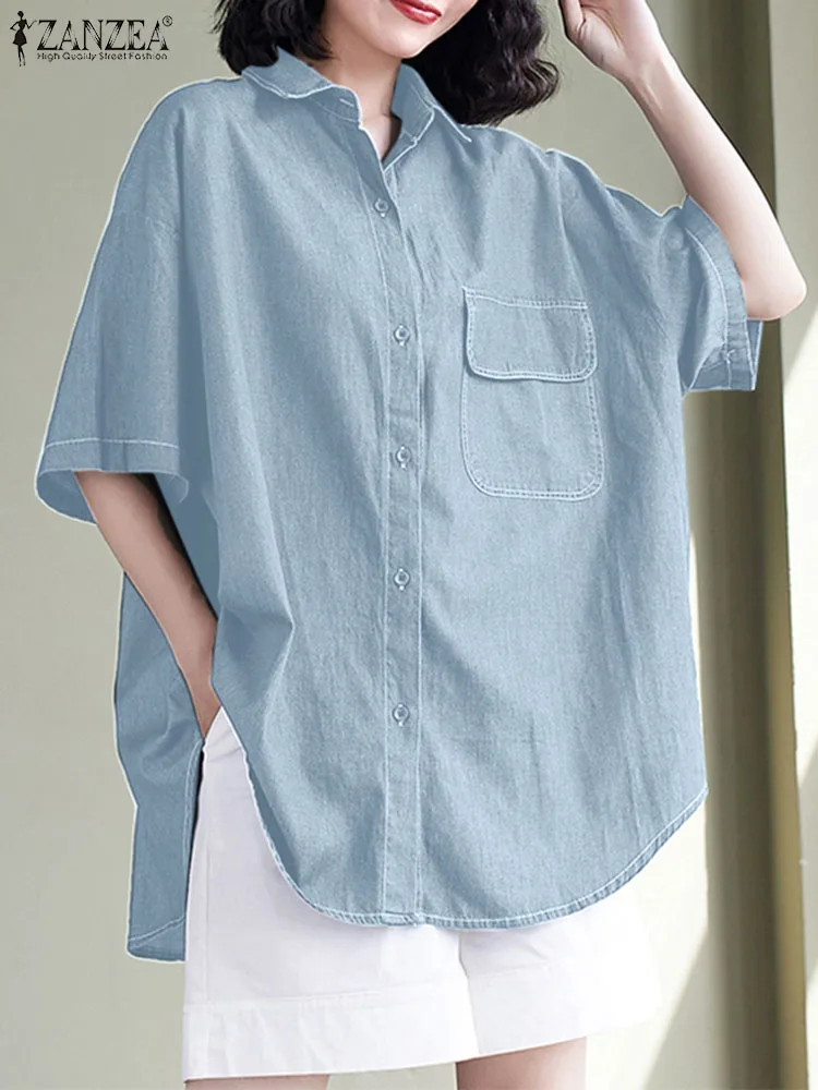 

ZANZEA Women Denim Chemise Summer Lapel BF Style Loose Shirts Oversized Button Up Basic Causal Blouses Short Sleeve Leisure Tops