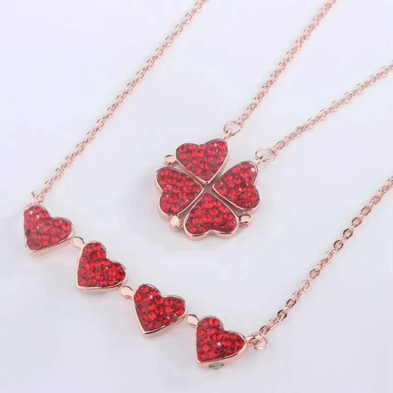 

New Double Sided Lucky Grass Clavicle Chain Necklaces Heart Four-leaf Clover Pendant Necklace Choker For Women