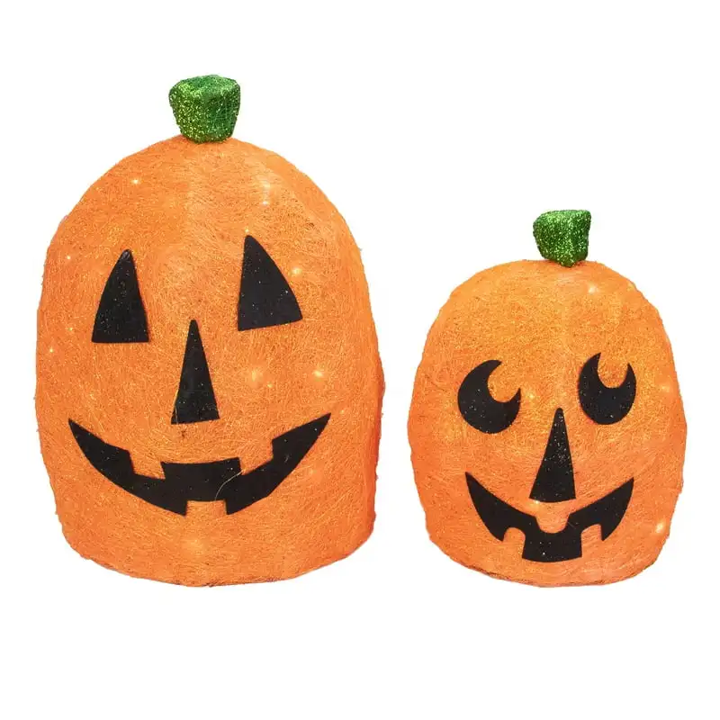 

Spooky Town Set of 2 Orange Lighted Sisal Pumpkins Outdoor Halloween Decorations