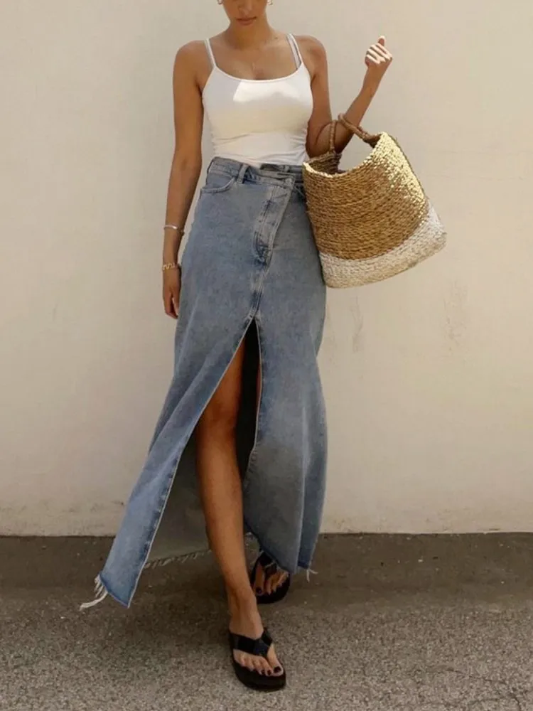 

Long Skirts For Women Aesthetic Clothes High Waist Denim Falda Sexy Mujer Front Slit Casual Streetwear Asymmetrical Ankle Length