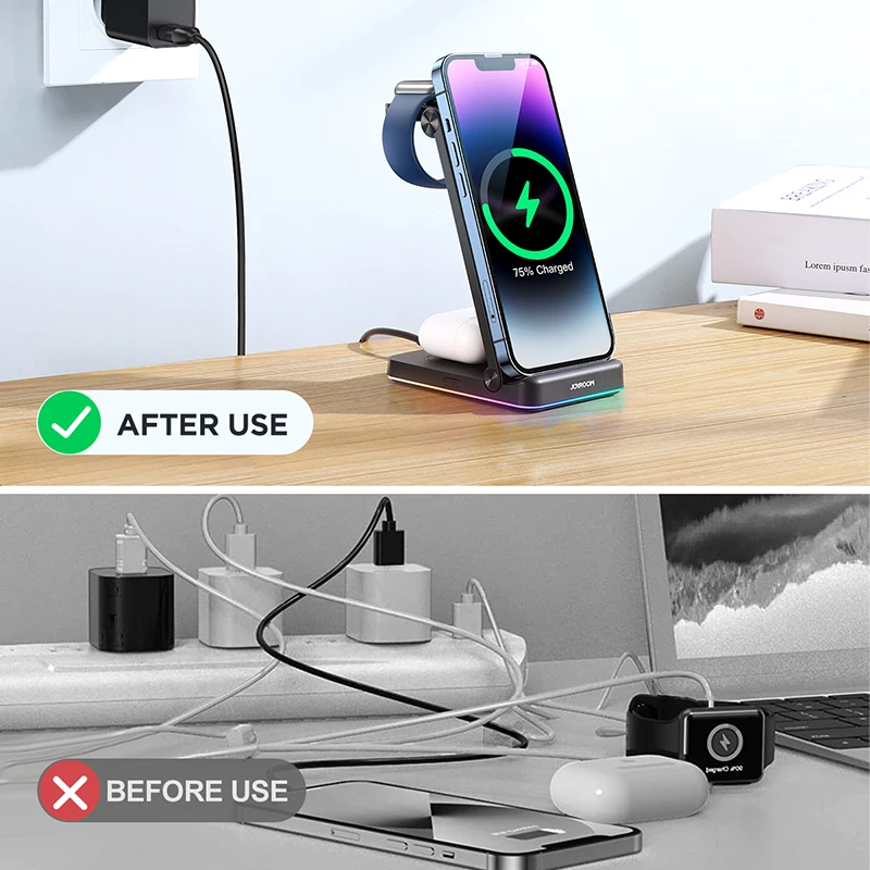 Joyroom Foldable Wireless Charger On Table 3 in 1 Multiple 15W Fast Charging Station For Apple Watch For Phone For Airpods