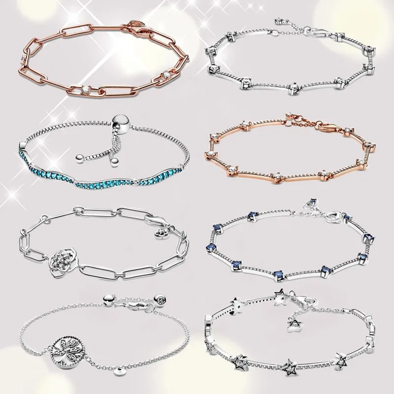 

Authentic S925 Sterling Silver Sparkle Set Star Chain Bracelet For Women's Diy Jewelry Original Charm