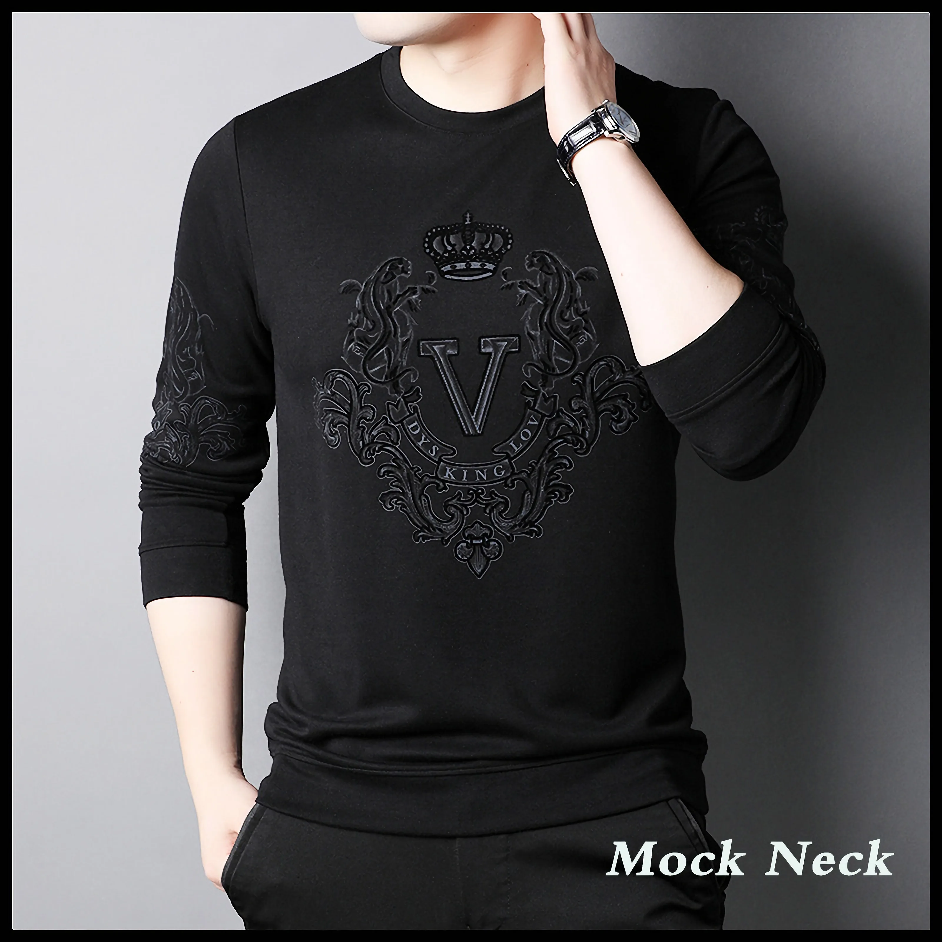 Купи High-Grade Men Round Neck Printed Embroidered T-Shirt Spring And Autumn Elasticity Vintage Jacquard Tshirt Versatile Long Sleeve за 580 рублей в магазине AliExpress