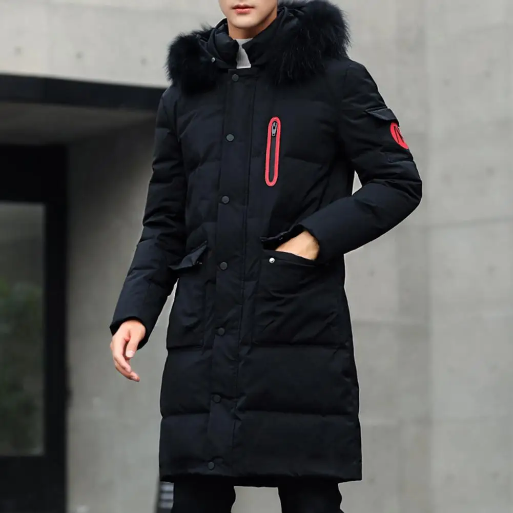 Men Hooded Jacket Cotton Padded Solid Color Long Sleeve Removable Faux Fur Collar Overcoat Winter Fluffy Filling Windbreaker Str