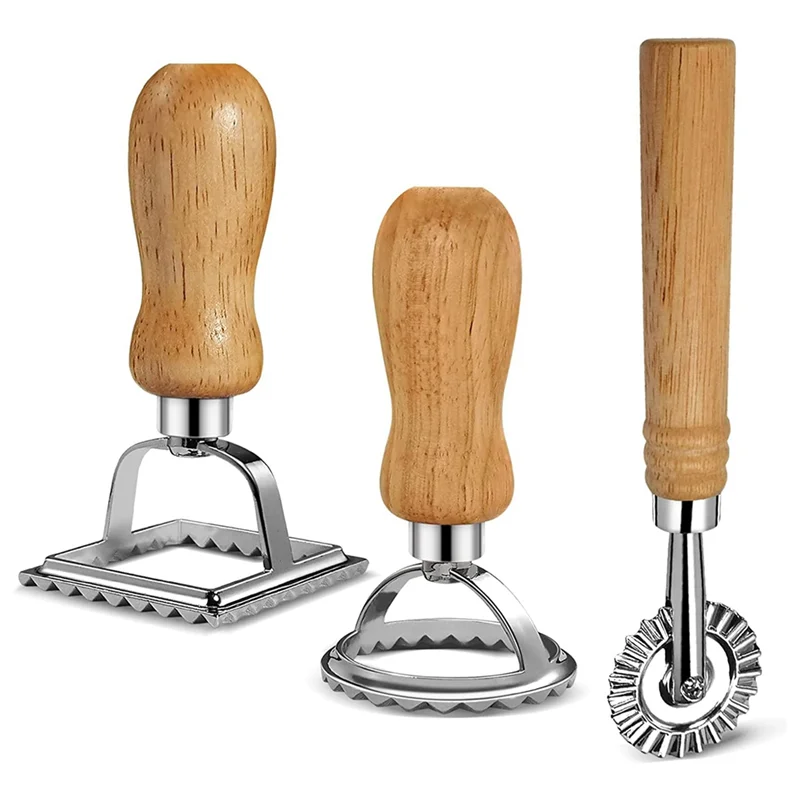 Ravioli Pasta Cutter Set Stamp Maker with Wooden Handle for Dumplings Lasagna Pierogi