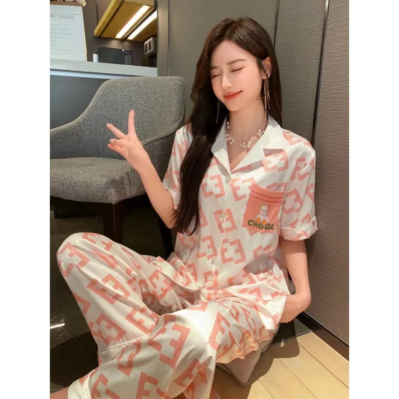 2023 Summer New Artificial Silk Letters Homewear Pajamas Women's Short Sleeve Trousers Suit Women's Fashion Pajamas Suit