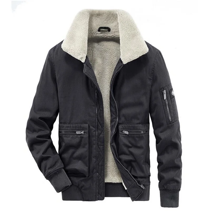 Autumn Parkas Winter Jacket Men's Velvet Thick Warm Lamb Wool Coat Cargo Flight Cotton Coatt Big Pocket Winter Outerwear
