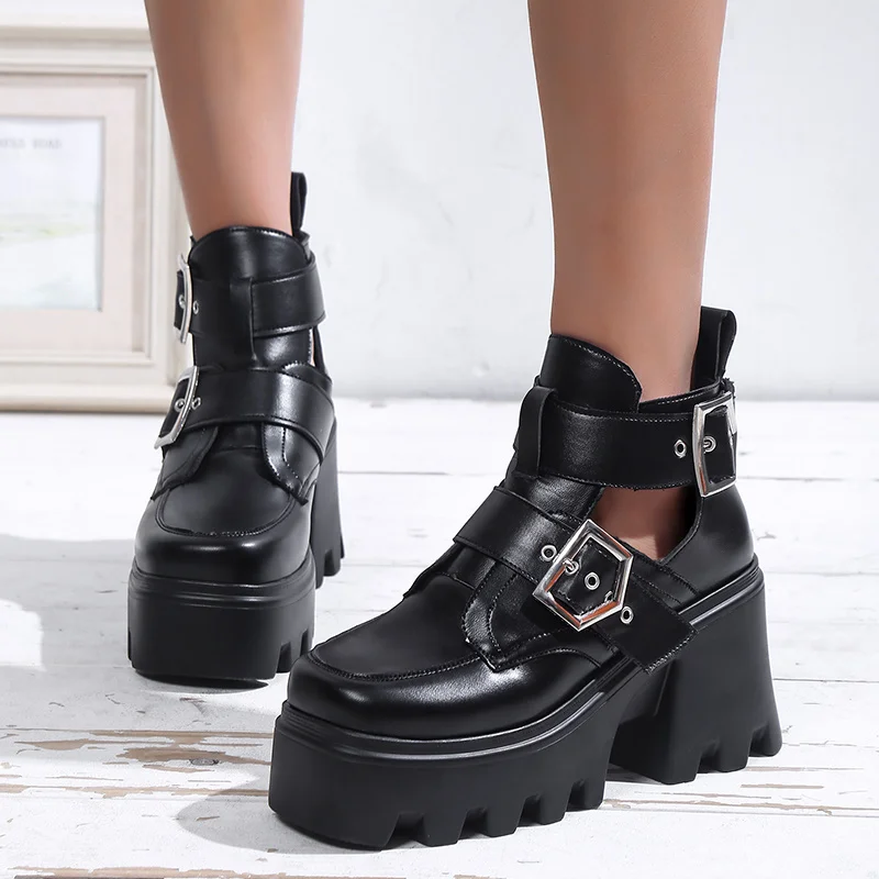 

2022 New Platform Women Ankle Boots Round Toe Shallow Buckle Female Short Boots Soft Leather Thick High Heels Women Shoes