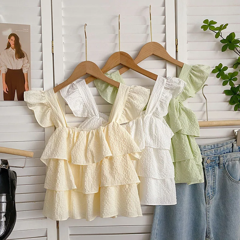 

Tank Tops For Women Flying Sleeve Ruffles Crop Top Womens Ruched Square Collar Sweet Camisole Female Korean Fashion Dropshipping