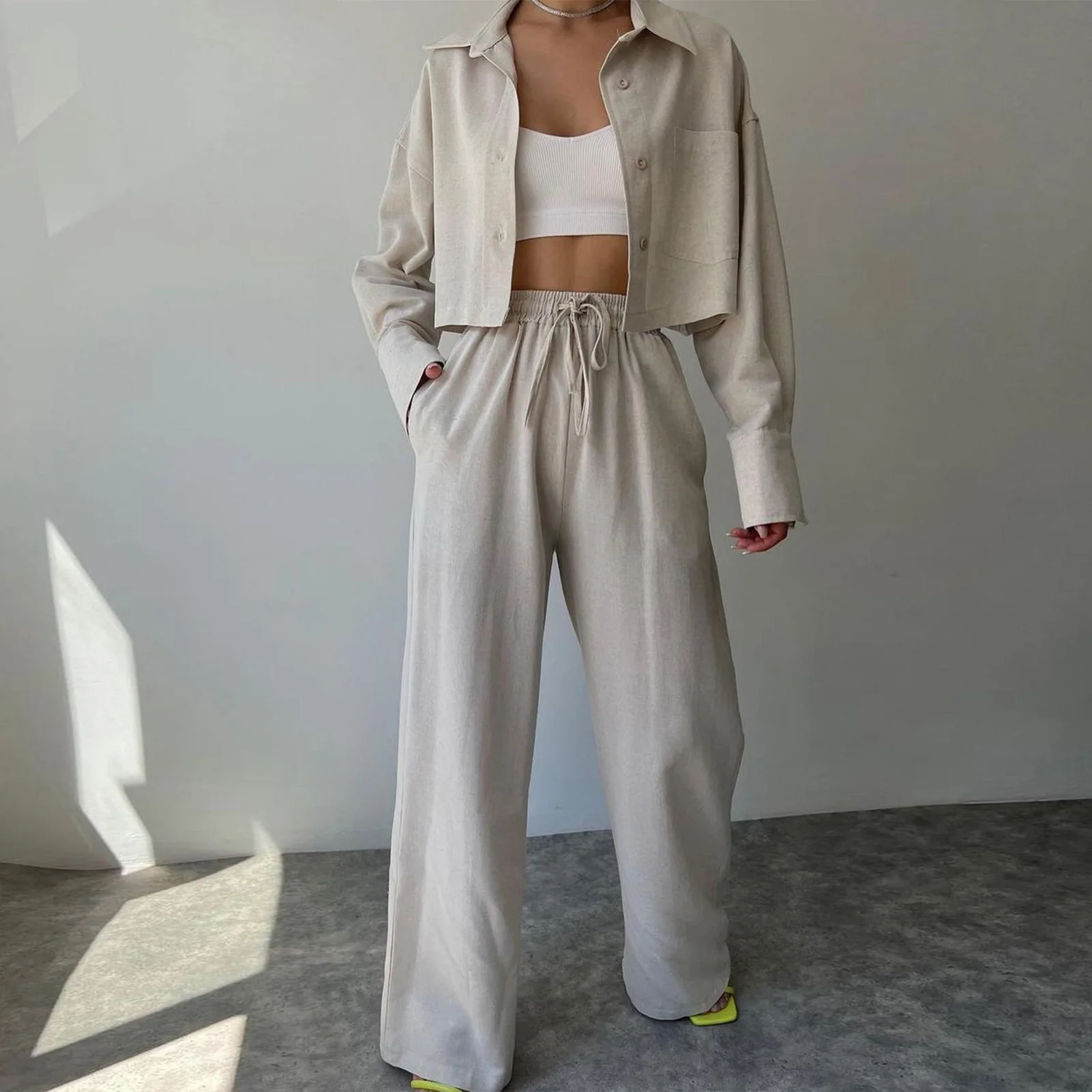 

Women Long Sleeve Blouse Pant Suit Casual Lapel Top Drawstring Trouser Outfit Elegant Soft Cozy Solid Color Spring Fall Clothes