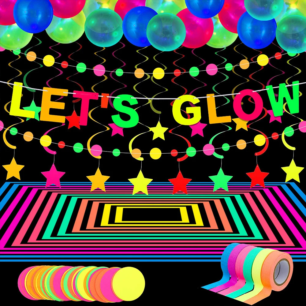 

Neon Party Supplies Set LET'S GLOW Banner UV Blacklight Reactive Glow Tape Neon Paper Garlands Star Hanging Swirl Neon Balloons