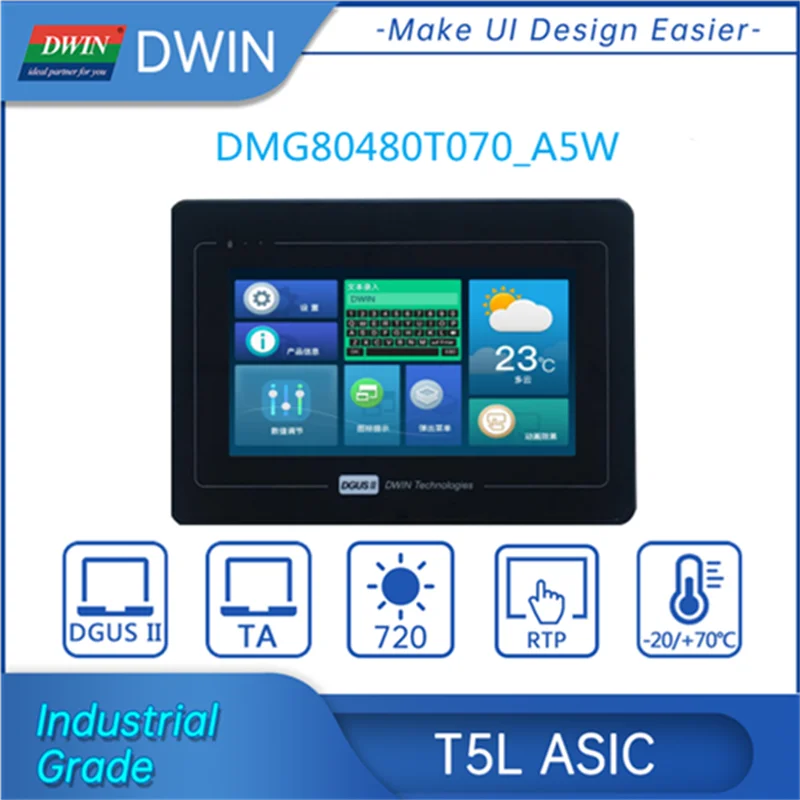 

DWIN 800*480 Pixels Resolution 7.0 Inch 16.7M Colors TN-TFT-LCD Display Modules with Normal Viewing Angle DMG80480T070_A5W