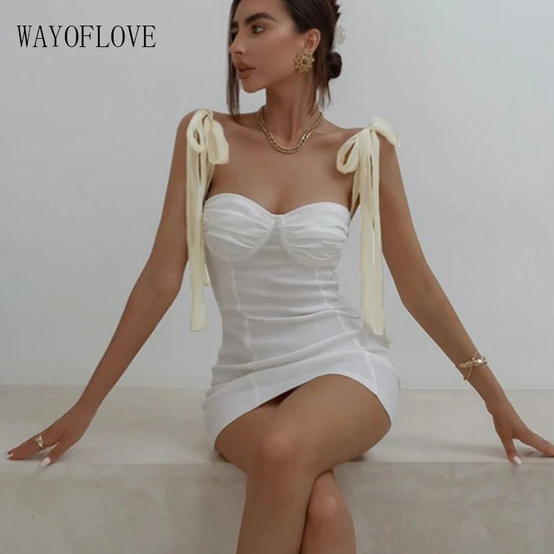 

WYAOFLOVE Strap Strapless Women Dress Sexy Slim Backless Summer Mini Dress Casual Office Lady Solid Beam Waist Bandage Dress Bow