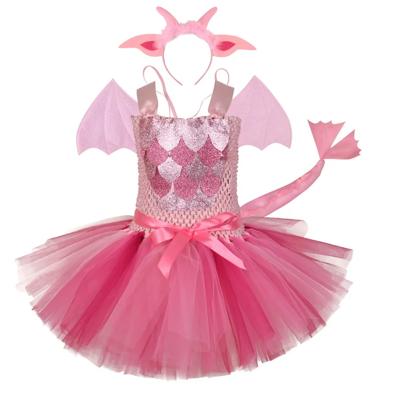 

Платье с розовым животным динозавром для девочек, костюм для косплея с повязкой на голову с хвостом и крыльями, летний костюм на Хэллоуин, де...