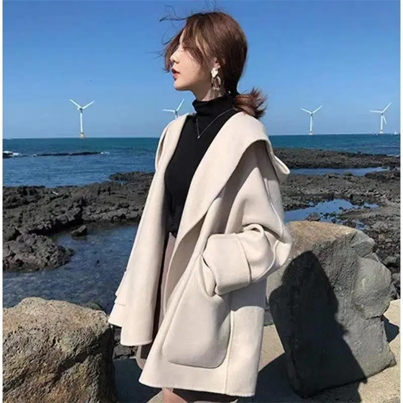 

Double Sided Women's Windbreaker 2022 Autumn and Winter New Temperament Hooded Loose Cloak College Style Fashion Coat Women