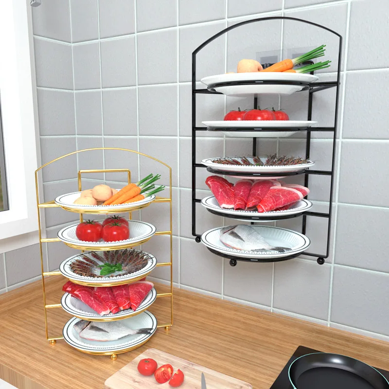 

Kitchen Preparation Dish Organizer Hot Pot Rack Multi-Layer Punch-Free wall-mounted vegetable plate vegetable storage