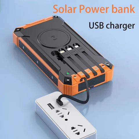 Solar Power Bank со встроенным кабелем Беспроводное зарядное устройство Qi 20000 мАч Powerbank для iPhone 15 14 Xiaomi Samsung Powerbank с Campi