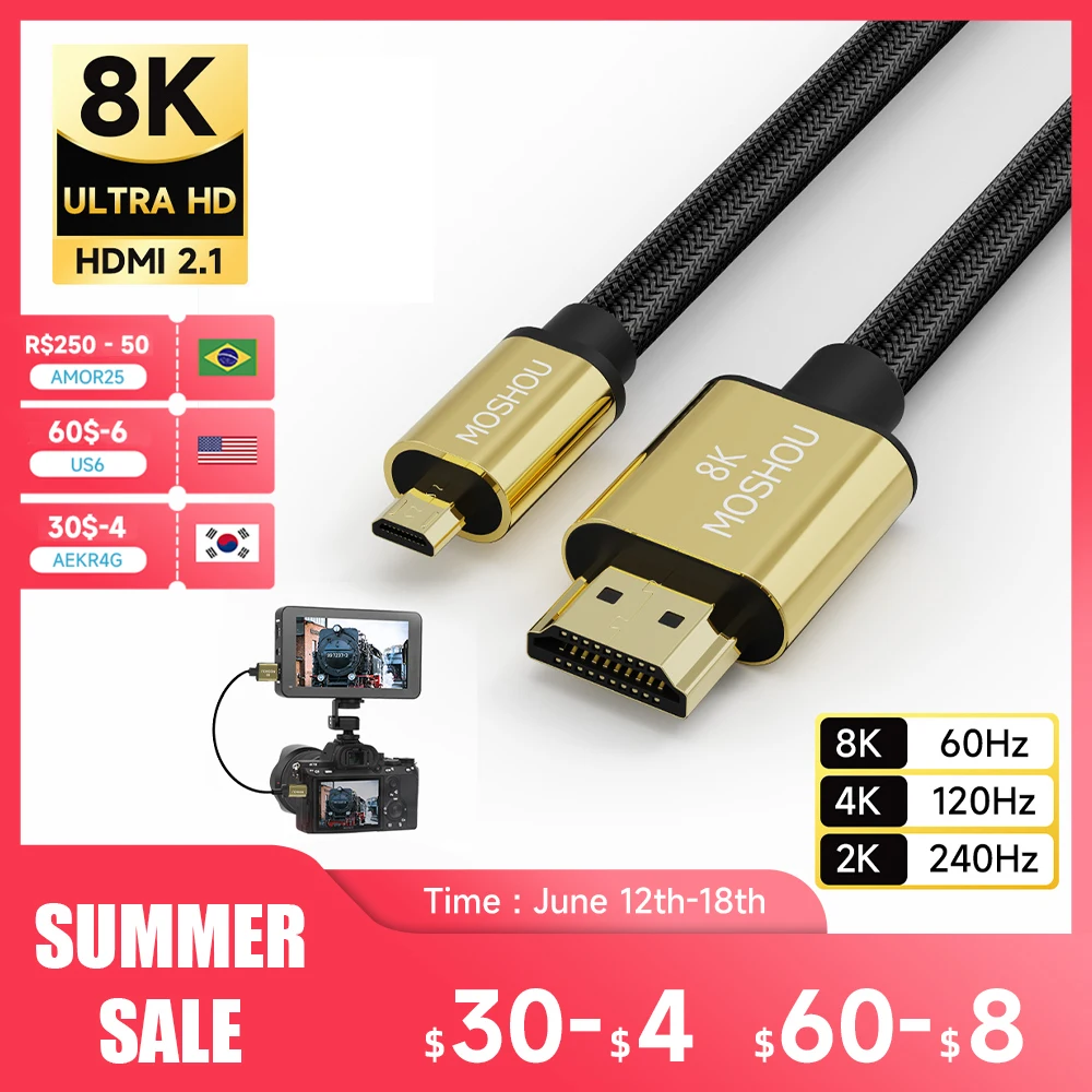 Micro HDMI to HDMI-compatible Cable 2.1 3D 8k 1080P High Spe