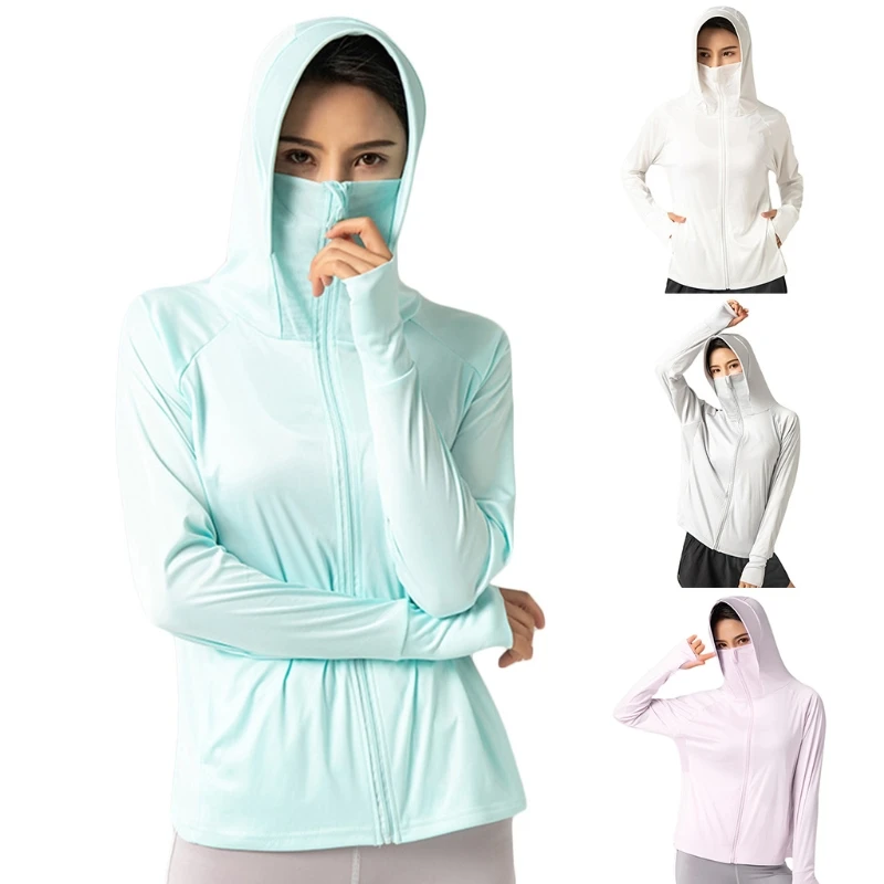 

Women Long Sleeve Sunscreen Jacket Hooded Mask Zip Summer Sport Coat Top