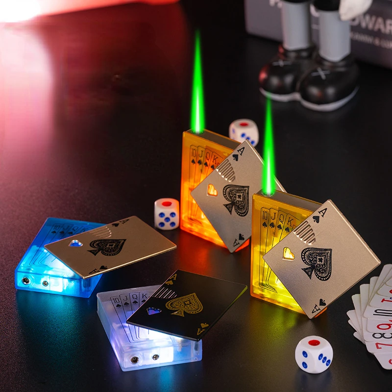 

Personalized Poker Windproof Torch Lighter Turbo Inflatable Flash Transparent Poker Card Green Flame Lighters Interesting Gadget