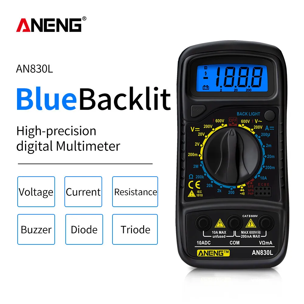 

ANENG AN830L Multímetro AC/DC Current Capacitance Meter Tranistor Blue Backlight Display Test Portable Multimeter without Sheath