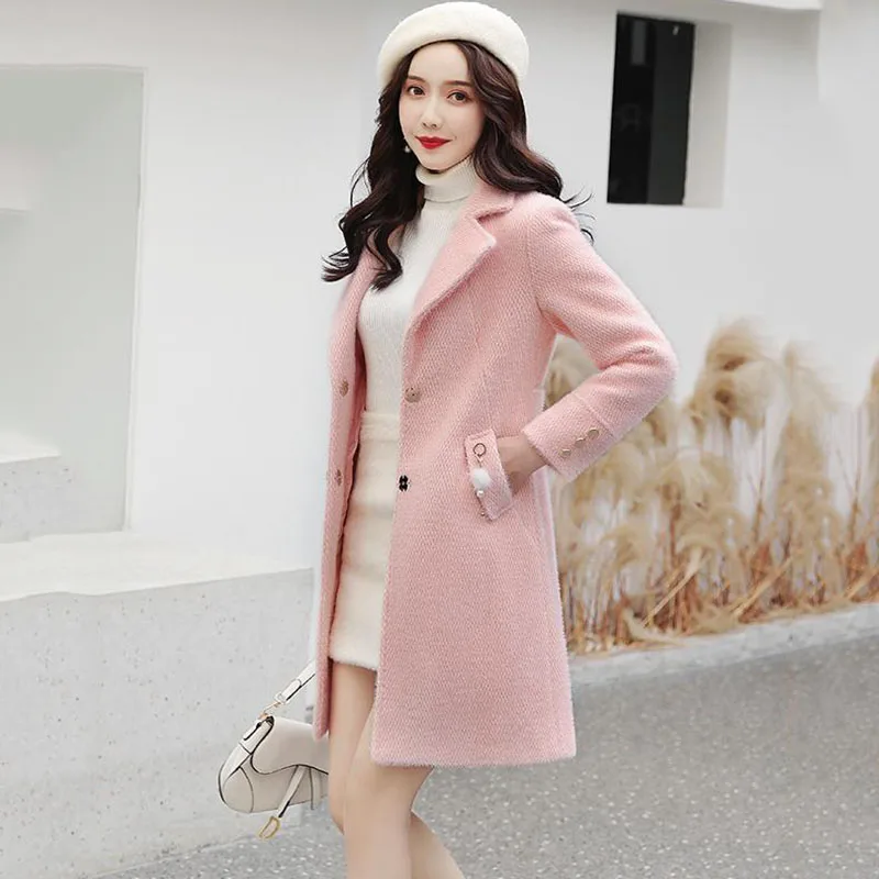 

New Winter Jacket Women Woolen Coats Long Imitation Mink Velvet Thick Woolen Overcoat Female Casual Plus Cotton Trench Outerwear