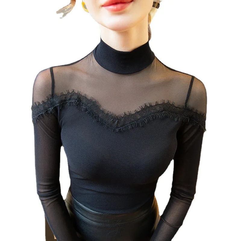 

Small High Neck Gauze Top New Inner Bottom Shirt Foreign Style Slightly Transparent Sexy Small Shirt European Long Sleeved Top