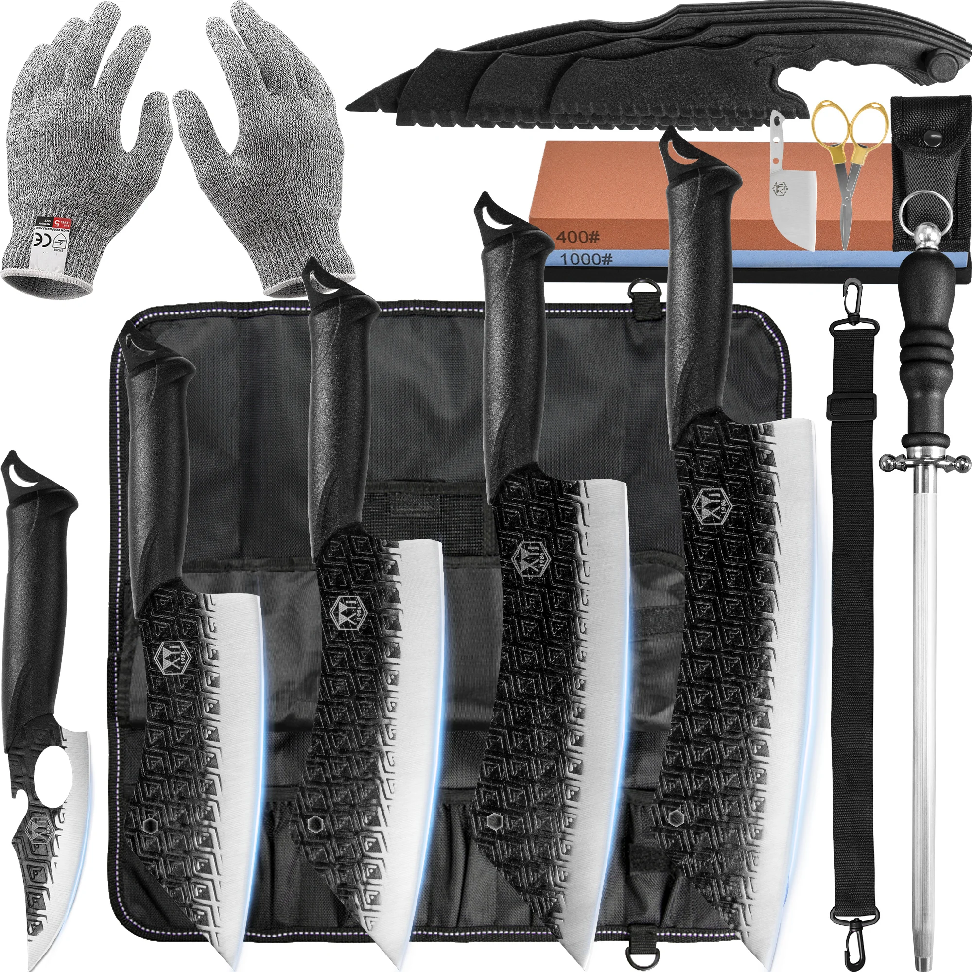 

XYJ Sharp 5pcs Knife Set Plastic Handle Stainless Steel Portable Travel Cooking Kit Plastic Knives Whetstone Bag Honing Steel