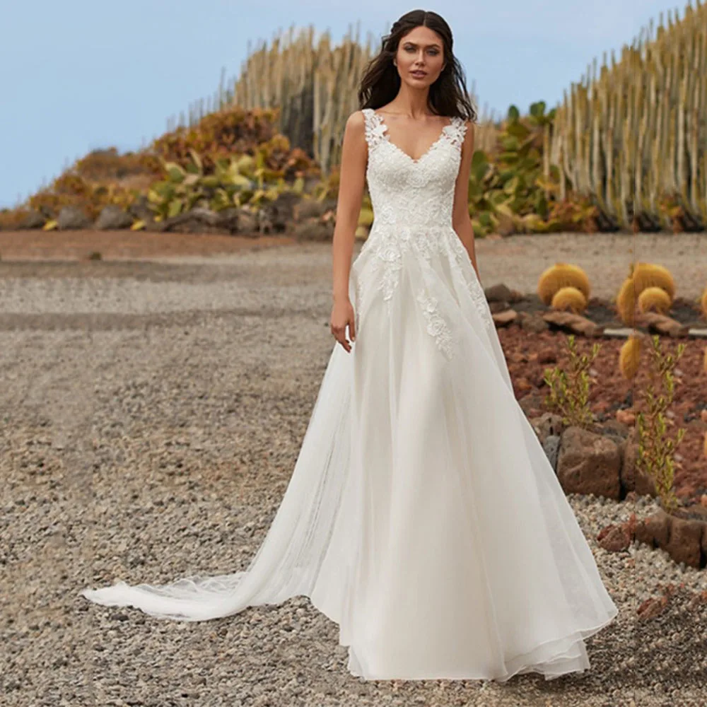 

V Neck Sleeveless Wedding Dresses 2022 With Appliques Button Back Tulle Sweep Train Sizes Available Bridal Gowns Custom Made