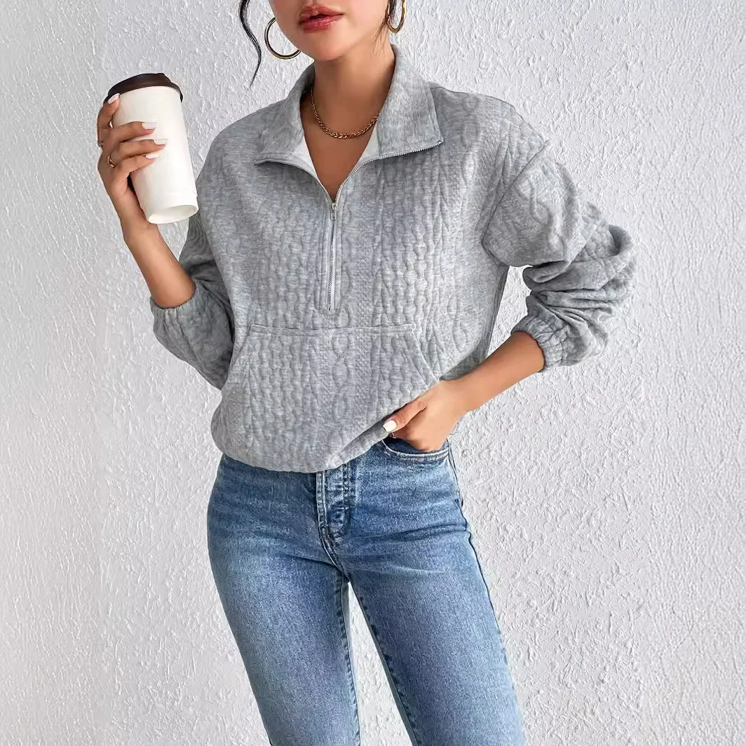 Женский Повседневный однотонный топ на молнии с длинным рукавом осень