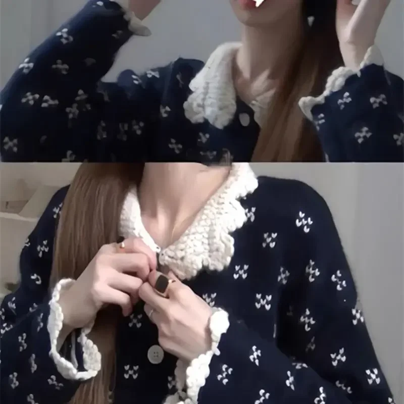 Корейский модный винтажный вязаный крючком лацкан темно-синий кардиган женский