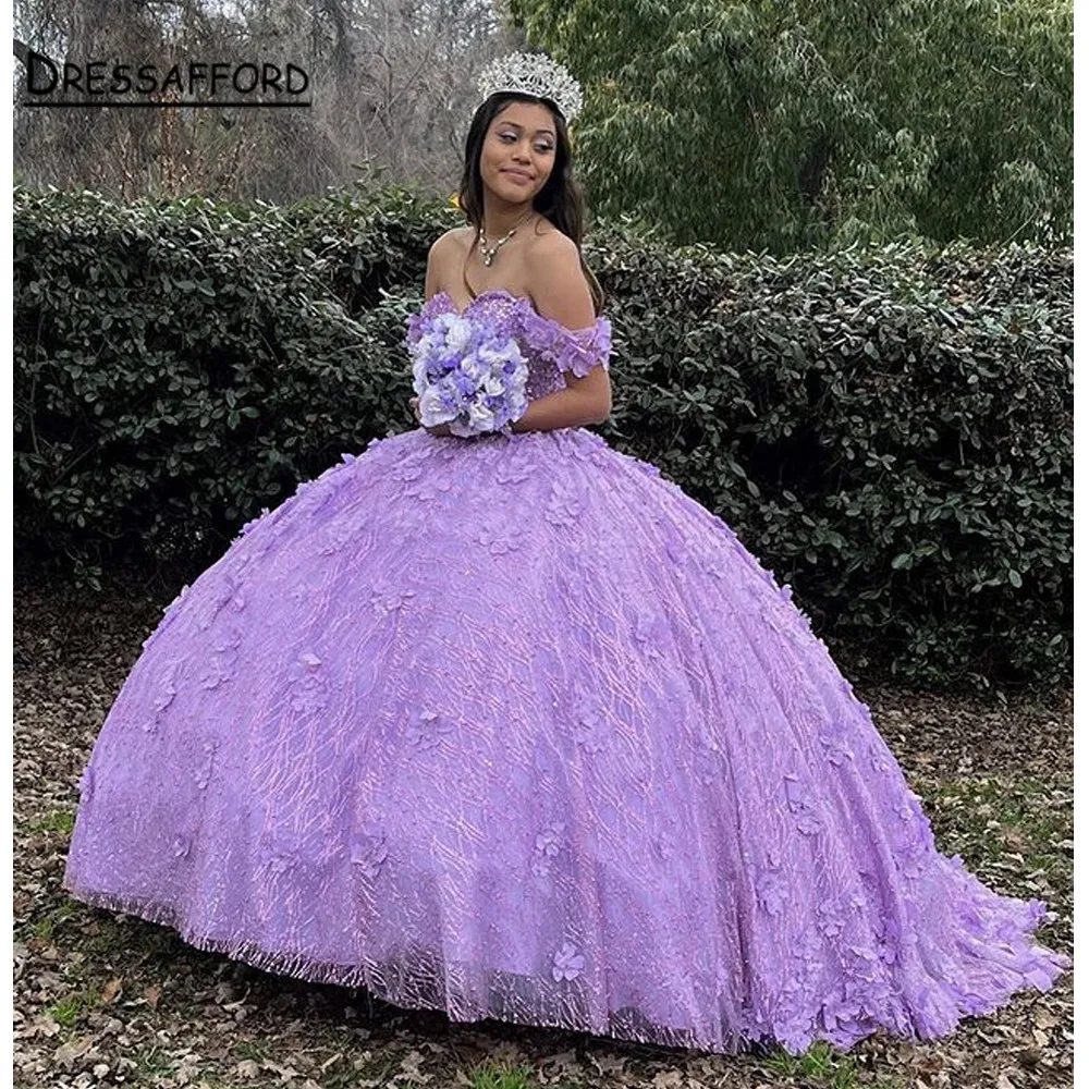 

Lavender Quinceanera Dresses Puffy 2022 Off Shoulder Lace Appliques Sequins Party Princess Sweet 15 Ball Gown Tiered