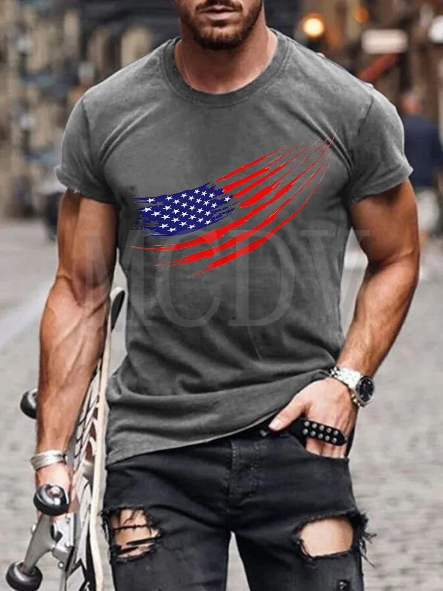 

2023 Summer Men's Printed Casual Crew Neck Short Sleeve T-Shirt The American Flag Independence Day Casual 3D Printed T Shirt