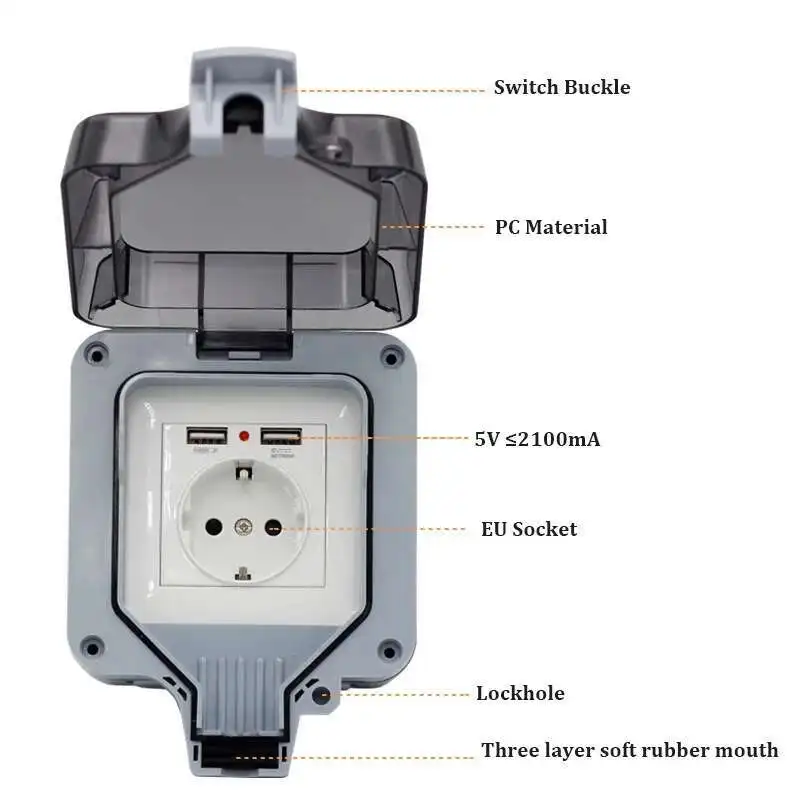 IP66 Наружная водонепроницаемая встраиваемая европейская розетка 16 А 220 В с 2 USB #