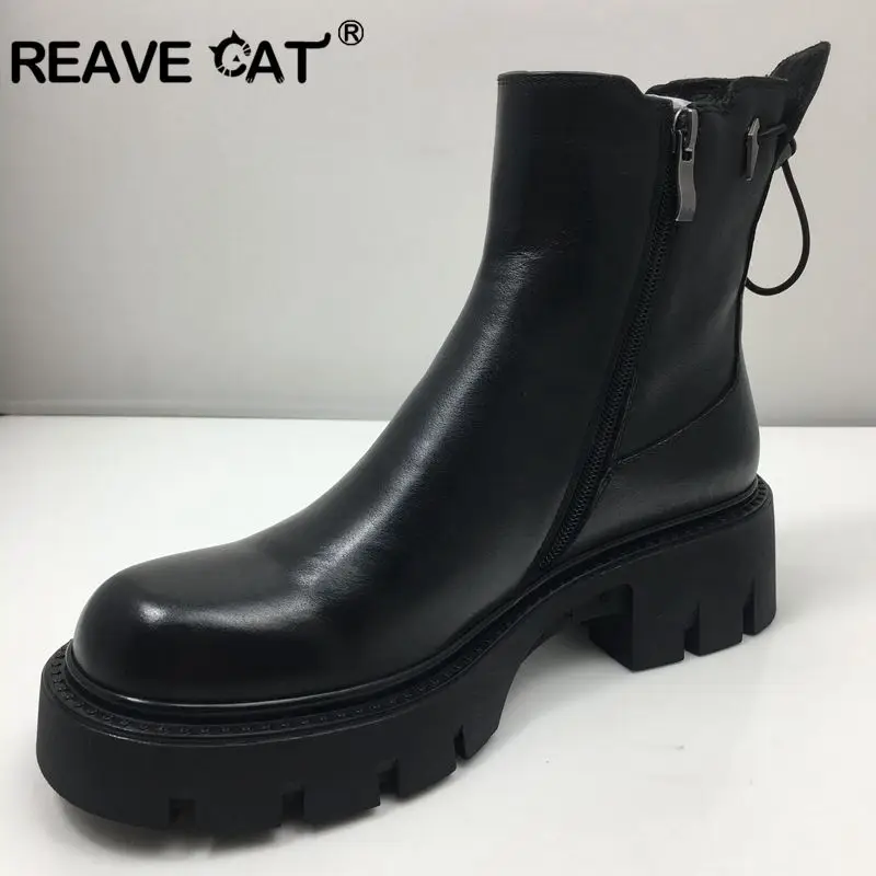 

REAVE CAT Russia Full Grian Leather High Quality Martin Boots Fur Warm Big Platform 5cm Square Heel Round Toe Zip Anti Slip 40