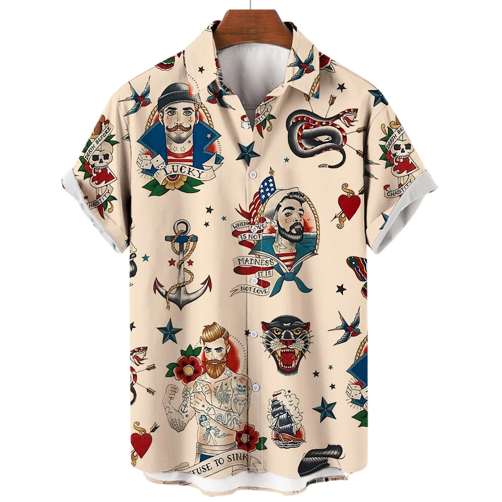 Hawaiian Shirts For Men Mermaid Print Beach Short Sleeve Tops Blouse 2023 New Oversized Shirt Mens Designer Clothes High Quality