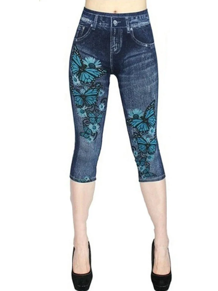 

CHSDCSI Butterfly Printed Leggings Women Capris Sport Leggin Stretchy Push Up Gym Blue Faux Jeans Workout Short Pants Hot Sale