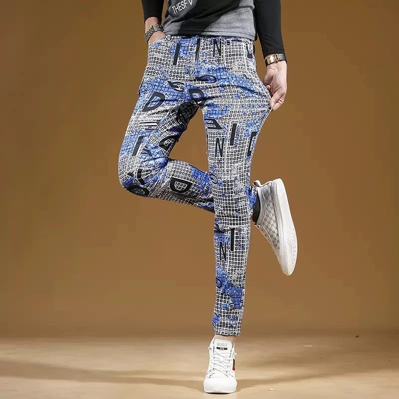 Autumn Men Blue Plaid Printed Jeans Fashion Slim Fit Straight Pants Streetwear Casual Denim Trousers