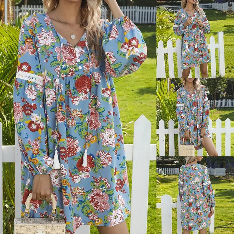 

Women Floral Print Dress Bohemian Beach Dress Long Sleeve Dresses Mini Dresses For Women Robe