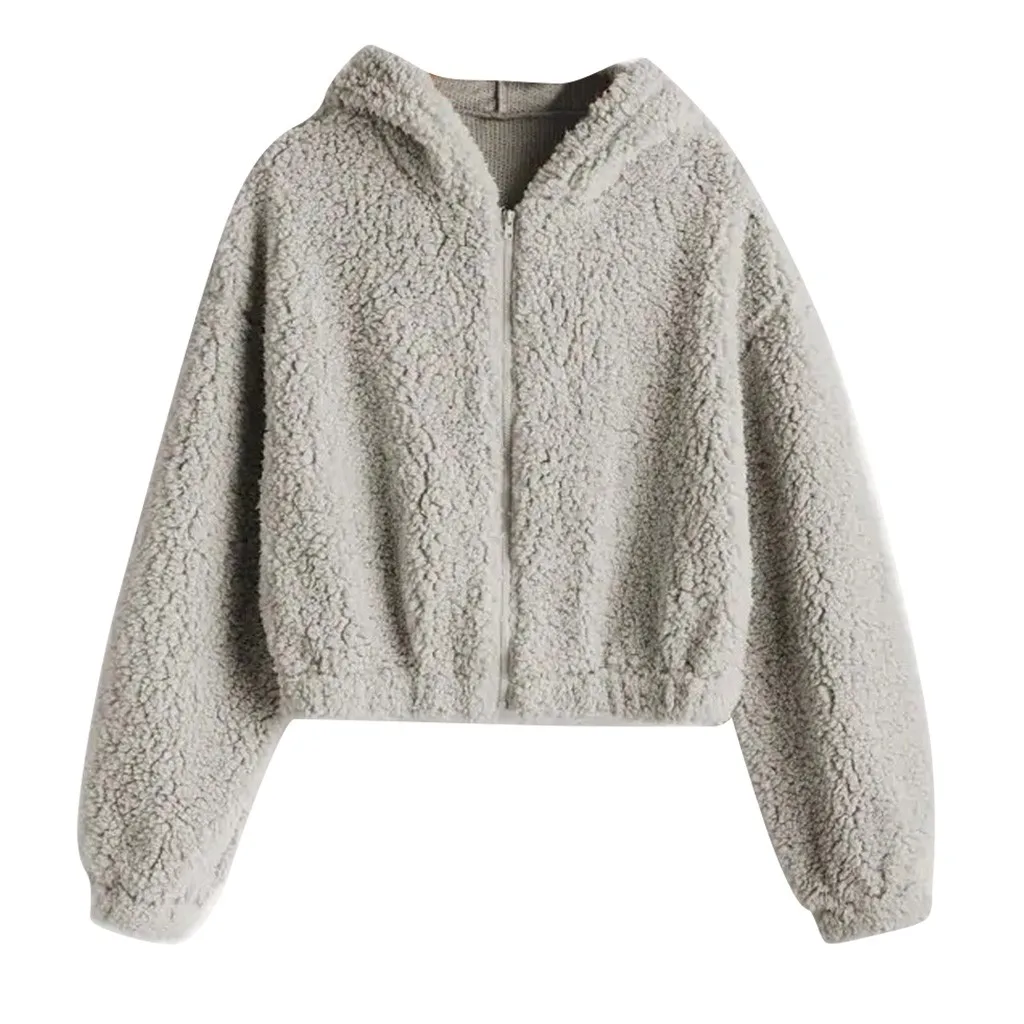 

Fashion Women Sweatshirt Oversize Solid Zipper Long Sleeve Fluffy Plush Lambswool Hoodie Tops Casual Homewear Teddy Tops 2023