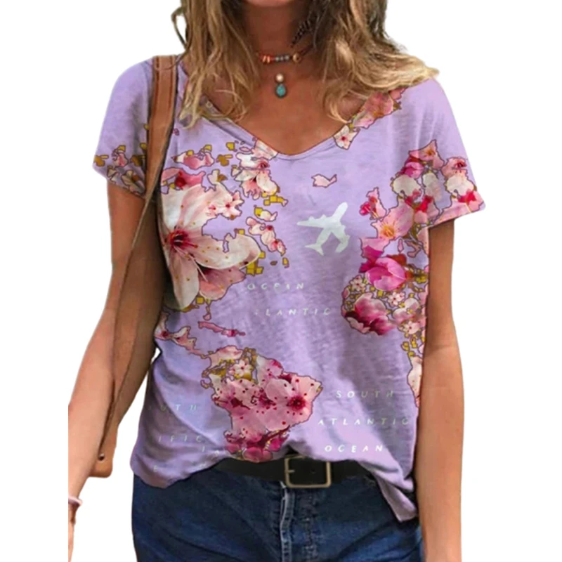 

Summer Plane Flower Print T Shirt Women's Casual V-neck Short Sleeve Tops Tee Female Loose Vintage Pullover T Shirt Streetwear