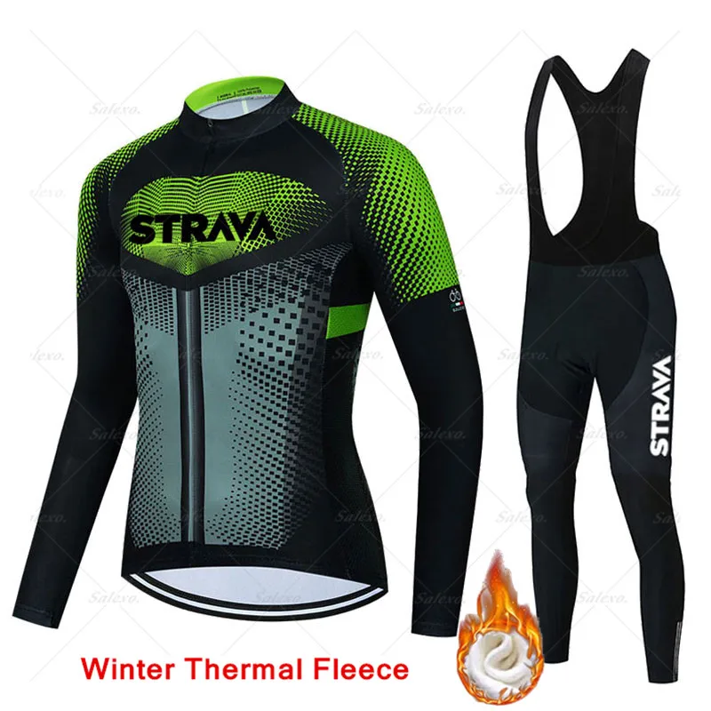 

STRAVA Team 2022 New Winter Cycling Clothes Men Thermal Fleece Jersey Suit Outdoor Riding Road Bike MTB Clothing Bib Pants Set