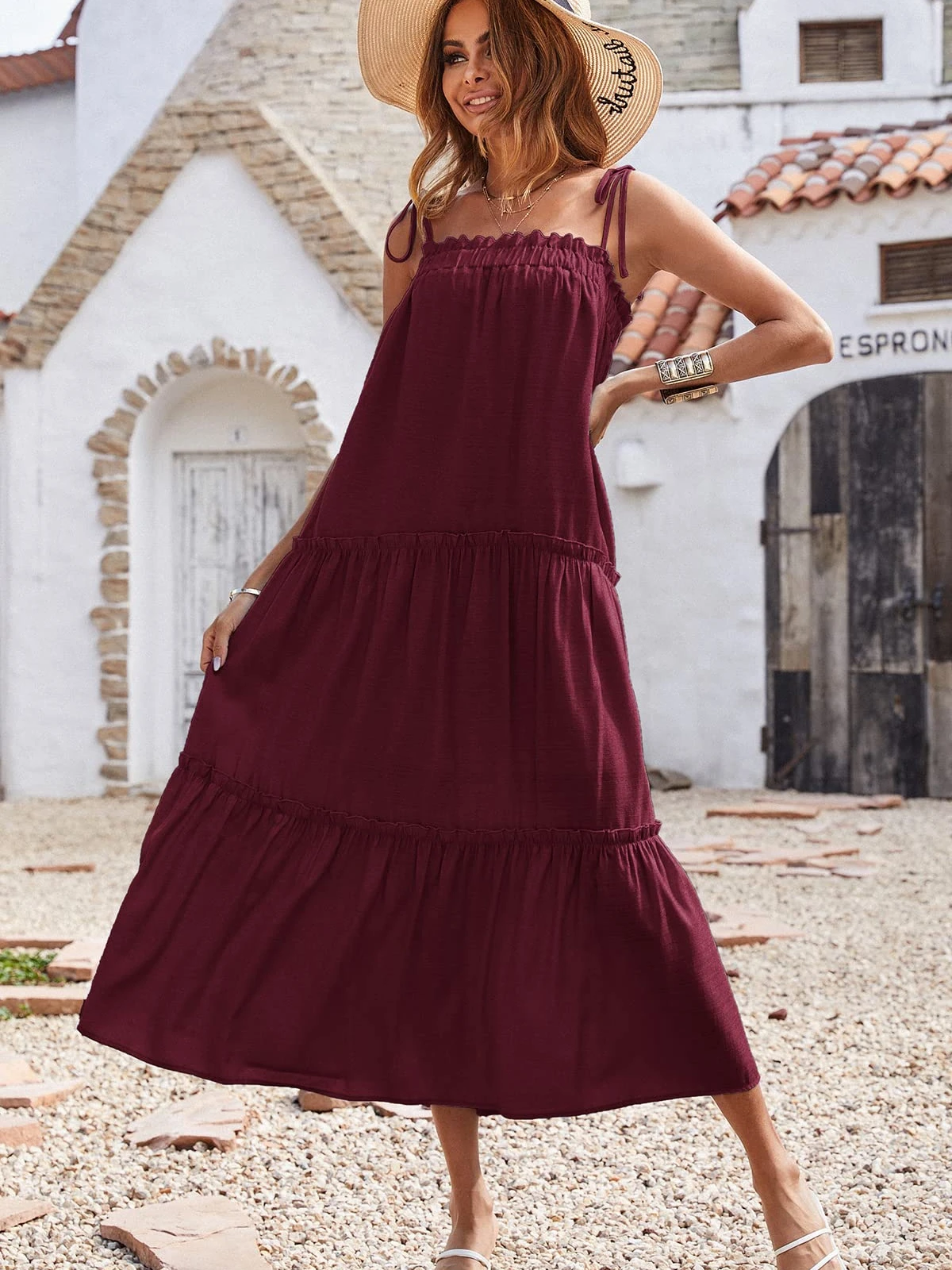 

Loose Beach Maxi Dress Boho Woman Summer Spaghetti Strap Sundress Fashion Lace Tiered Fashion Casual Elegant Stitching Suspender