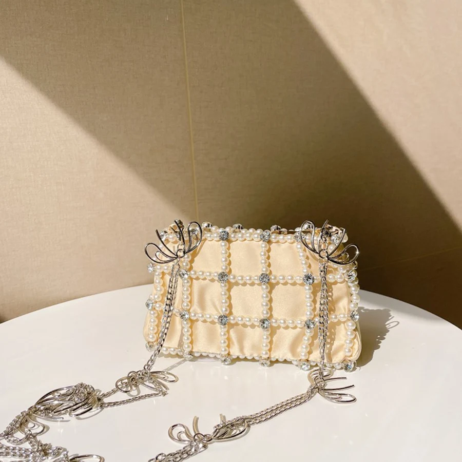 

Cute Women's Dinner Bag Wedding Party Handbags Rhinestone Pearl Chain Small Square Bag Fashion Shoulder Messenger Bags Summer