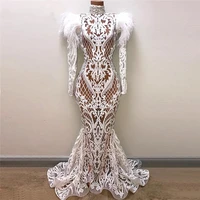 luxury feather lace mermaid wedding dress high neck robe de mariee 2022 crystals beaded woman formal reception gown dubai style
