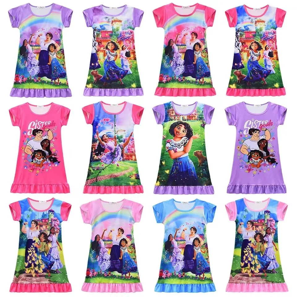 

New Arrived Children 2-8 Years Cartoon Print Encanto Summer Nightdress Charm Girls Medium Length Casual Mirabel Pajamas Dress